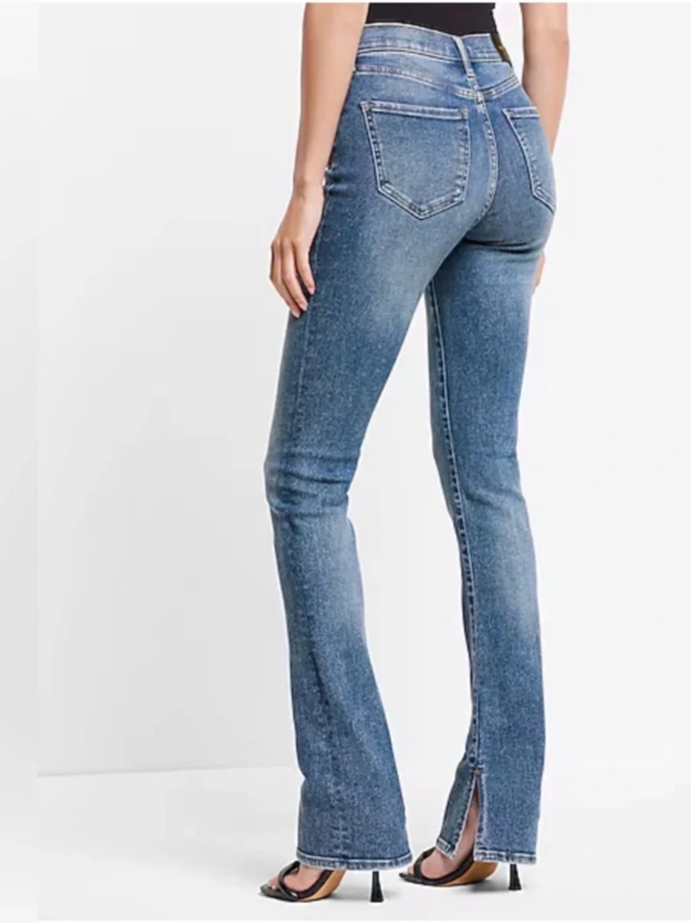 Express Women's Medium Blue Flare Jeans with Side Hem Slit Mid Rise Jeans